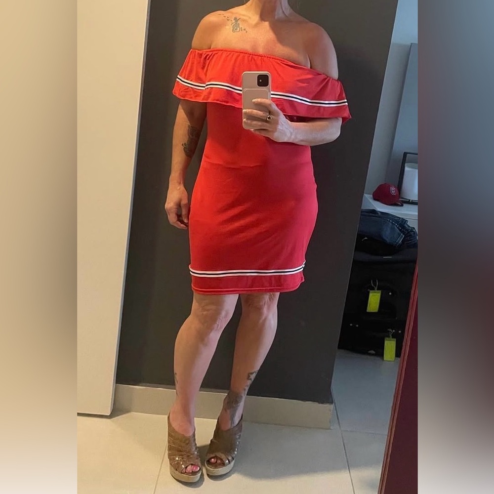 Cute off the shoulders Red Dress  with White Stripes . EUC